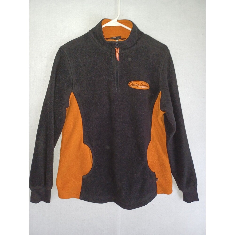 Harley Davidson Fleece Mens 1/4 Zip Large Black Orange Pullover Sweatshirt